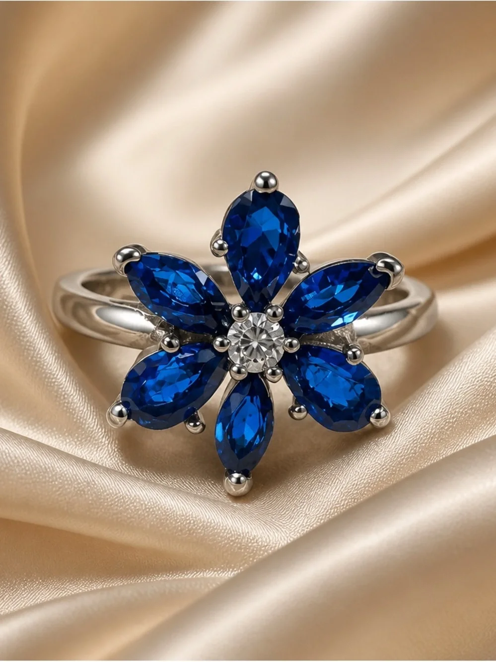 Sterling Silver Floral Ring with Deep Blue Sapphire new with out  tag size 7